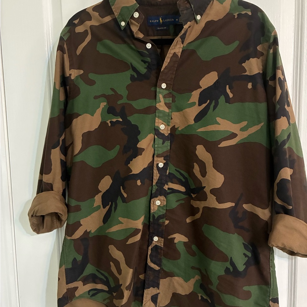 Ralph Lauren Men's Green and Brown Camouflage Shirt Jacket